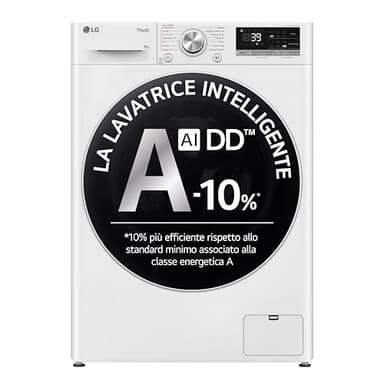 LG AI DD F4R709TAIDD Lavatrice Classe A -10%, Carica Frontale Serie R7, Lavatrice 9kg, 1400 giri, AI Wash, TurboWash 360, Lavaggio a Vapore, Wi-Fi, Motore Direct Drive, Libera Installazione, Bianca