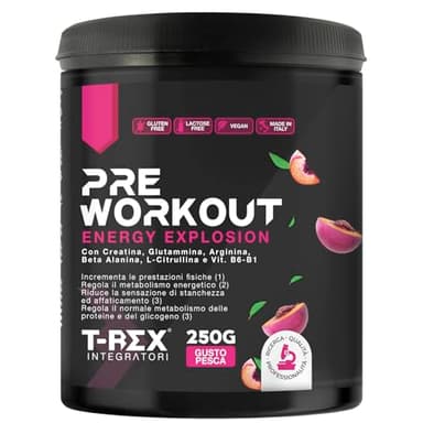 T-Rex Integratori Pre Workout, Energy Drink Potente con Creatina Monoidrata, Bcaa, Arginina, Beta Alanina e Vitamine - Senza Caffeina, 250 g (250 g (Confezione da 1), Pesca)