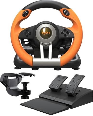PXN V3 Pro Volante da Gioco con Pedali - 180°, Feedback di Vibrazione, Leva del Cambio Integrata, Palette del Cambio - Volante per PC, PS4, PS3, Xbox e N Switch - Arancia
