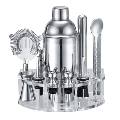 Set Shaker Cocktail con Supporto, Kit Cocktail in Acciaio INOX con 12 pezzi di accessori da bar, 750ML Dosatore Cocktail Set per Home Bar Party Wedding, Kit Barman Regali per Papà uomini (Argento)