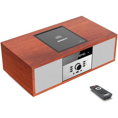 WISCENT Vintage Bluetooth Micro HiFi Systems - Impianto stereo Bluetooth per casa, lettore CD, con streaming audio Bluetooth, radio FM, porta USB, Aux-in, jack per cuffie