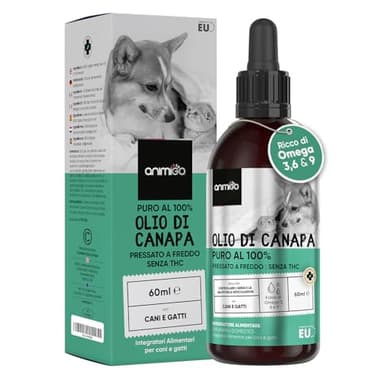 Calmante per Cani e Gatti, 60ml di Gocce Olio di Canapa per Cani e Gatti 55800mg, Olio di Semi di Canapa Puro 100%, Fonte di Omega 3, 6 9, Tranquillante per Gatto e Cane con Vitamine per Cani e Gatti