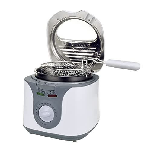 Augosoma Friggitrice ad olio 850-950 W, Friggitrice Elettrica Piccola 2 Litri con Oblò, Cestello in Acciaio Rimovibile Lavabile, Temperatura Regolabile, Piedini Gommati Antiscivolo, Bianco