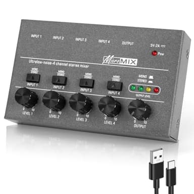 OFFCUP Mixer Audio, 4 Canali Mini Mixer Audio, Audio Mixer Portatile 4in1out, Stereo Mixer Basso Rumore per Microfoni Chitarre Bassi Tastiere e Mixer di Palco -Grigio