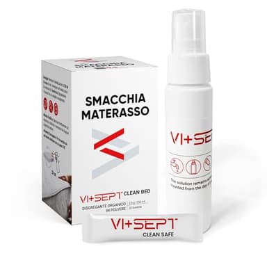 Vi+Sept Clean Bed Smacchia Materasso – disgregante organico in polvere Pulisci Materassi, Elimina Odori, Macchie di Sudore, Sangue e Urina da Materassi - Pulizia Spray Materasso 1 dose 2,5g x 60 ml.
