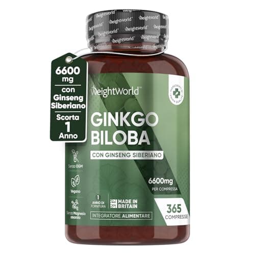 Ginkgo Biloba con Ginseng Siberiano 6600mg, 365 Compresse (1 Anno) Estratto 50:1 Ginkgo Biloba Alto Dosaggio, 24% Flavonoglicosidi 6% Terpenlattoni, Gingko Biloba Nootropico con Eleuterococco 25:1