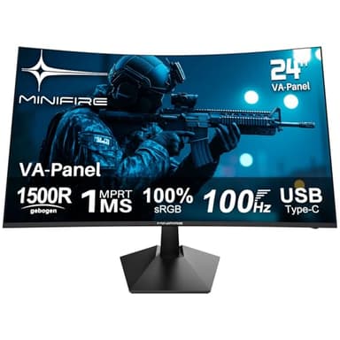 Minifire Monitor Curvo 24 Zoll 100Hz Schermo PC con altoparlante - Pannello VA 1500R FHD (1920 x 1080p), MPRT 1ms, sRGB100%, meno luce blu, HDMI 1.4, Type-C 2.5W, supporto VESA 75 * 75 - Nero（MF24C1）
