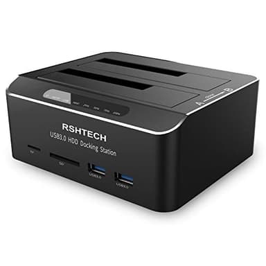 RSHTECH USB 3.0 Aluminum Dual Bay Hard Drive Dock per 2.5&3.5 SATA HDD SSD, Supporta Schede SD TF e Funzione di Clonazione Docking Station per Dischi Rigidi, Supporto 2 Unità da 16 TB（RSH-DS02）