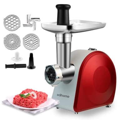 Edihome, Tritacarne Elettrico, Tritacarne Professionale, 2200W, Multifunzionale con 3 Piastre di Taglio e Ripieno per Salsicce (Rosso/Bianco)