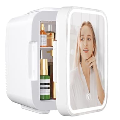 YASHE Mini Frigo per Camera, Frigo Skincare con Specchio LED, Piccolo Frigo da 4 L portatile, Termoelettrico, Riscaldatore e Raffreddatore 220V AC / 12V DC per Auto, Ufficio, Dormitorio (bianco)