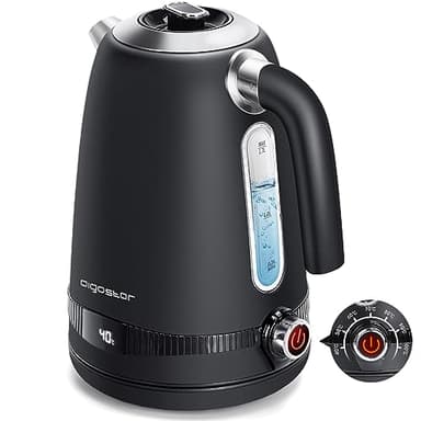 Aigostar Loki - Bollitore Elettrico Temperatura Regolabile 40-100 ℃, Bollitore in Acciaio Inox con Display Digitale LED, 1,7 Litri 2200W, Funzione di Mantenimento Caldo, Senza BPA, Nero