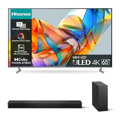 Hisense 65" ULED Mini-LED 4K 2023 65U62KQ, Smart TV VIDAA U6, Dolby Vision, HDR 10+ 4K HS2100 Soundbar 2.1, 240W, Subwoofer Sottile Esterno wireless