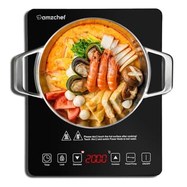 AMZCHEF Piastra a Induzione Singolo da 2000 W con 20 Livelli di Potenza e di Temperatura, Controllo Sensore Tattile, Blocco di Sicurezza, timer