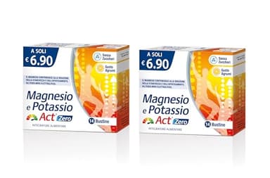 Magnesio Potassio Act Zero, Integratore Alimentare al Gusto Agrumi SENZA ZUCCHERI, a base di Magnesio, Potassio e Vitamina C - 1 Confezione Bipack da 28 bustine