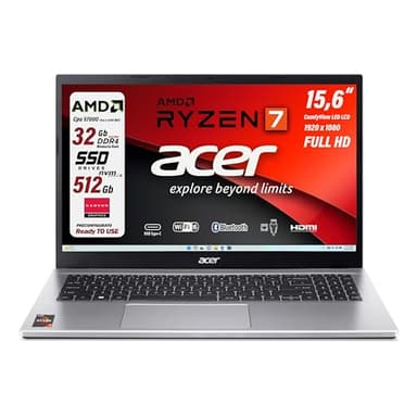 acer, notebook Portatile, Ryzen7 5700u, fino a 4,3 Ghz, Ram 32 Gb, SSD PCI Nvme da 512Gb, Display Led 15,6" FHD, 4 usb, wi-fi 6, lan, bt, hdmi Win11, Preconfigurato, garanzia Italia