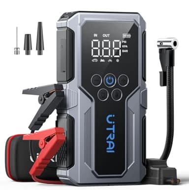 UTRAI Avviatore Batteria Auto con Compressore 150PSI/18W Ricarica Rapida 3.0, 4000A Booster Avviamento Auto/Moto per 12V Veicoli a Motore (8.5L Benzina/6.5L Diesel), Avviatore Emergenza con Torcia