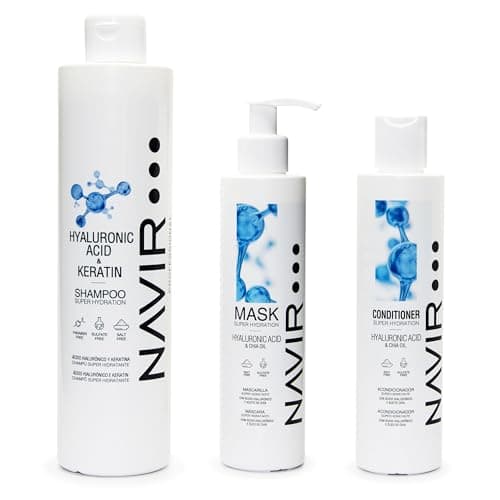 NAVIR Professionale | Shampoo, maschera e balsamo idratante professionale con acido ialuronico, cheratina e olio di Chia senza solfati né sali (shampoo 500 + maschera 200 + balsamo 200)