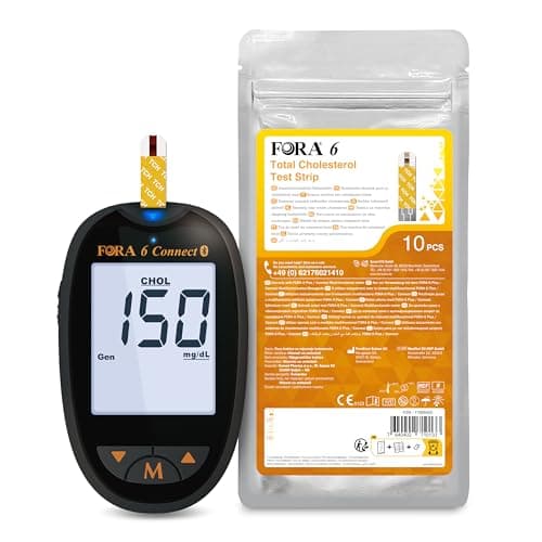 Misuratore di colesterolo totale FORA 6 in 1 con 10 strisce reattive per colesterolo totale.