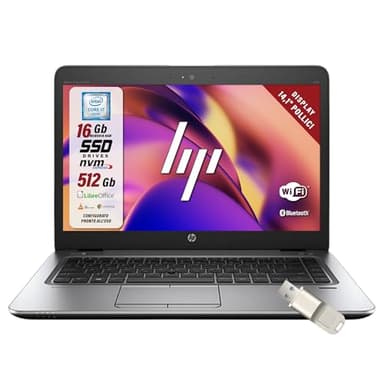HP Elitebook, Pc Portatile Notebook, intel i7-6600u 2 Core 2.6 Ghz, Ram 16Gb SSD 512GB, display 14" HD, W10, Pronto all'uso con Pacchetto Libre Office e Chiavetta USB FIngerPrint (Ricondizionato)