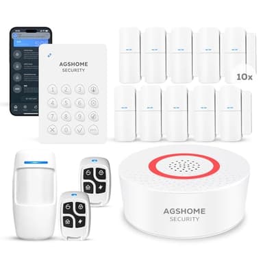 AGSHOME Sistema di Allarme Casa Senza Fili, Promemoria App push, Kit allarme Wi-Fi DIY con 1 sirena, 10sensori, 2 telecomandi e 1 sensore di movimento, 1 tastiera, Antifurto Casa lavora con Alexa