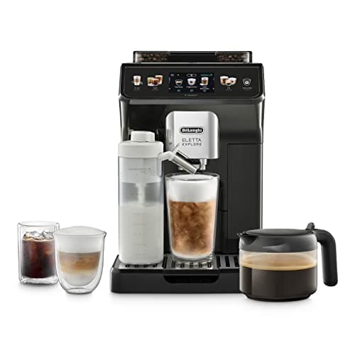 De'Longhi Eletta Explore ECAM452.67.G, Macchina da Caffè Automatica, Schiume di latte calde e fredde in automatico, oltre 50 Bevande, Schermo Touch a Colori, Caraffa Caffè Americano Inclusa, Grigio