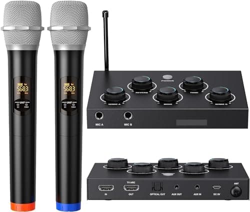 DIGITNOW! Microfono Karaoke Wireless Bluetooth, Sistema Microfono Senza Fili UHF Doppio Professionale per Karaoke, TV, Festa, DJ, Chiesa, Matrimonio, Riunione, con HDMI ARC, Aux, Ottica