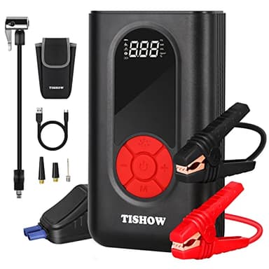 TISHOW Avviatore Batteria Auto 4 IN 1, Avviatore Emergenza per Auto con Compressore Portatile, 1600A Booster Avviamento Auto con Morsetti di Sicurezza Intelligenti, 11200mAh Power Bank con Torcia LED