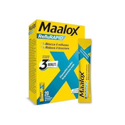 Maalox Reflurapid blocca il Reflusso e riduce il Bruciore, anche in Gravidanza e in caso di Reflusso Notturno - con Bicarbonato di Sodio, Senza Glutine Senza Lattosio, (20 Bustine Gusto Menta)
