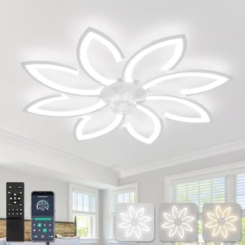 90 cm Lampadario Ventilatore da Soffitto Con Telecomando Led Dimmerabile Pale da Soffitto Design DC Plafoniera Fiore Led Reversibile 6 Velocità Lampadari a Ventola per Camera da Letto Cucina,Bianco