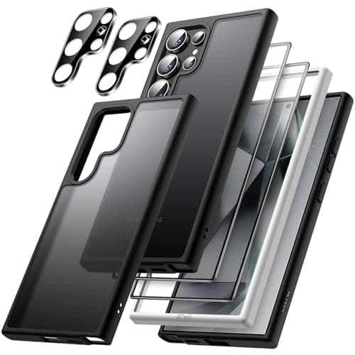 JETech 5 in 1 Cover Opaca per Samsung Galaxy S24 Ultra 5G con 2 Pellicola Protettiva e 2 Protezione Lente Fotocamera, Retro Traslucido Protettiva Custodia, Vetro Temperato Film (Nero)