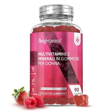Multivitaminico Donna, 13 Vitamine Donna e Minerali, 90 Gommose Fragola Lampone, Biotina, Acido Ialuronico, Enotera, Zinco, CoQ10, Multivitaminico Completo Donna, Integratore Ragazza e Donna Over 50