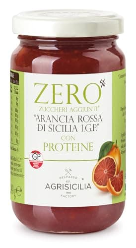 Agrisicilia zero% zuccheri aggiunti con proteine "arancia rossa di sicilia I.G.P.", frutta di alta qualità, frutta siciliana, lavorazione tradizionale, senza zuccheri, alta fonte proteica, 240 grammi