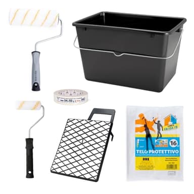 PENNELLIFICIO 2000 | Kit 2 Rulli con Bacinella e Retina per Scolare la Pittura, Nastro per Mascheratura e Telo Protettivo, Set Pittura, Idropittura, Pareti Lisce, Secchio da 14 L - Made in Italy