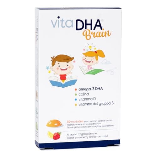VitaDHA Brain Omega 3 Bambini 3+ Anni IFOS 5 Stelle (30 Jelly Morbide) - Senza Retrogusto di Olio di Pesce e Senza Zucchero - Gusto Fragola e Limone con Vitamina D3 e B