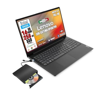 Lenovo Notebook nuovo • Ram 16gb • cpu Intel N4500 • Monitor 15.6" Full HD • ssd 256 • Ingresso lan, hdmi, USB • Sistema operativo win 11 PRO e Libre Office • LETTORE DVD-RW ESTERNO