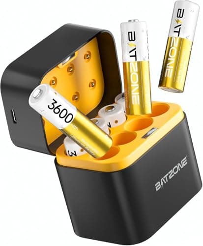 BATZONE 8PCS 1,5V AA Lithium Batterie Ricaricabili con Caricabatterie 8 Slot, 3600mWh Dobbia A Batterie Ricaricabili con 2000+Tech, Ricarica & stoccaggio in Uno
