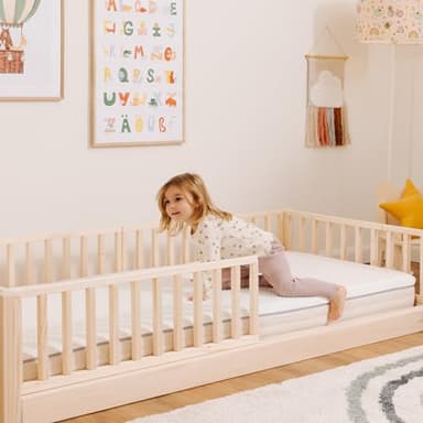 nabè Letto Montessori Evolutivo 80x190 cm - Letto Montessori a terra in Legno Massello Naturale PEFC con 5 Sponde protettive - Made in Italy e 3 anni di garanzia