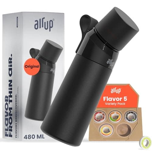 AIR UP® Borraccia in acciaio inox Starter Set Originale, incl. pod aromatizzati in 5 gusti senza zucchero I Borraccia termica 480 ml, mantiene il freddo per 14 ore, tappo ermetico I Nero