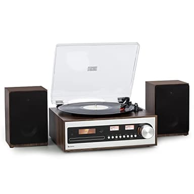 Auna Giradischi Bluetooh per Dischi in Vinile, Lettore Vinile a 3 Velocità di Riproduzione, Giradischi Vinili Vintage con Casse Stereo, USB & CD, AUX, Gira Dischi per Vinile con CD & MP3, Radio DAB