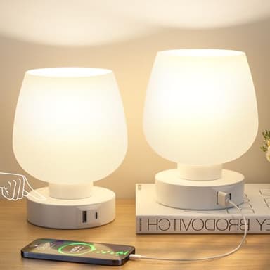 Set di 2 Lampada da Comodino Touch Dimmerabile in Vetro Bianco con Porte USB-C+A, Piccola Lampada da Tavolo, Abat Jour da Comodino con Filo per Camera da Letto Soggiorno Ufficio(Lampadine Inclusa)