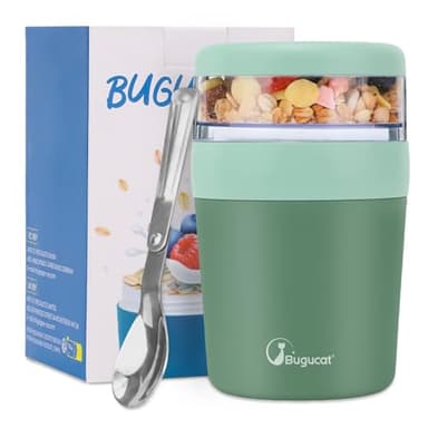 Bugucat Tazza Yogurt to Go, Tazze Cereali 500ML+150ML, Portatile Cucchiaio Tazza Contenitore Yogurt con Cucchiaio, Plastica Tazze Cereali, Yogurt Frutta Contenitore, Tazza di Muesli To Go, Verde