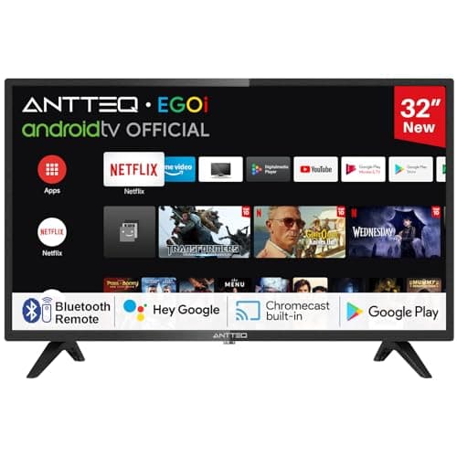 Antteq AG32H3 32 Pollici TV Smart(80cm) Android TV LED Compatibile con Google Voice Assistance Chromecast Bluetooth Google Play Store DAZN/Netflix/Prime Video/YouTube WifiTriple Tuner(DVB-C/S2/-T2)