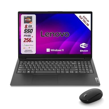 Lenovo, pc portatile notebook, Amd Ryzen 3 7Th, RAM 8Gb, SSD 256Gb, Display 15.6" FHD, Web cam, 3 usb, Wi-fi, hdmi, Win11 Pro, Libre Office, preconfigurato e pronto all'uso + mouse wireless