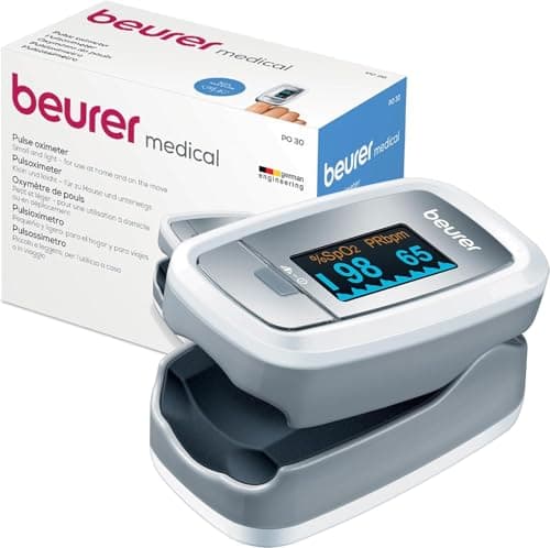 Beurer PO 30 Saturimetro per il Monitoraggio della Saturazione di Ossigeno nel Sangue e della Frequenza Cardiaca, Pulsossimetro Compatto, Spegnimento Automatico e Indicatore di sostituzione batterie