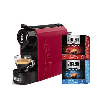 Bialetti Gioia, Macchina da Caffè Espresso per Capsule in Alluminio sistema Caffè d'Italia, Supercompatta, Rosso + 32 CAPSULE