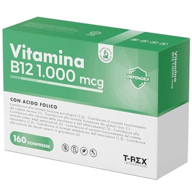 Vitamina B12 1000 mcg e Acido Folico 400 mcg 160 microcompresse ad Alto Dosaggio - Cianocobalamina e Folato Vegan per Stanchezza Fisica e Mentale - 5 Mesi di Fornitura