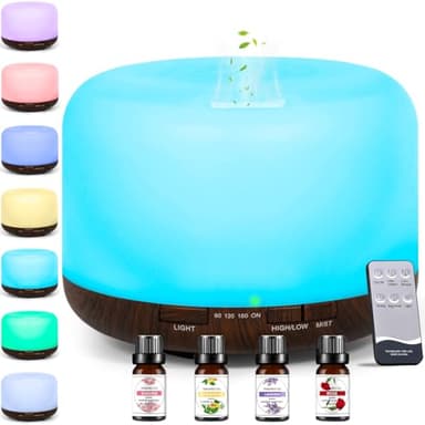 AQXONG 500ML Diffusore di Oli Essenziali, Diffusore ad Ultrasuoni, 7Colori LED Umidificatore per Aromaterapia, Diffusore di Aromaterapia con Telecomando Adatto Soggiorno Camera da Letto Ufficio Yoga