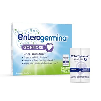 Enterogermina Gonfiore, Fermenti Lattici Probiotici, Prebiotici per Adulti - Integratori con Enzimi Digestivi ed Estratti Vegetali contro Pancia Gonfia e Gonfiore Addominale (10 Bustine Gusto Pesca)