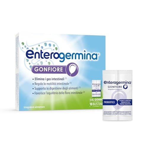 Enterogermina Gonfiore, Fermenti Lattici Probiotici, Prebiotici per Adulti - Integratori con Enzimi Digestivi ed Estratti Vegetali contro Pancia Gonfia e Gonfiore Addominale (10 Bustine Gusto Pesca)