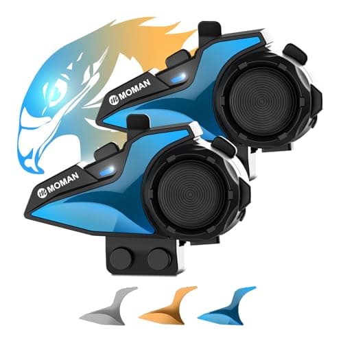 Moman Interfono Moto, H2E Aquila Auricolare Casco Coppia con Doppio Chip per Multitasking Audio Cuffie per Caschi Distanza 1Km Sistema di Comunicazione HiFi/Condivisione Musica/FM/Voce AI Interphone